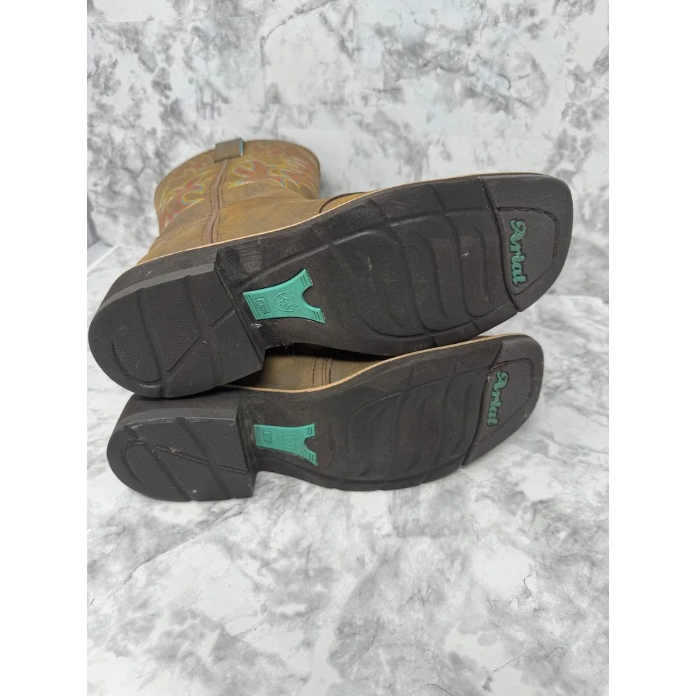 Ariat Fatbaby Western Boots Brown Leather Square Toe Turquoise Trim festival -7